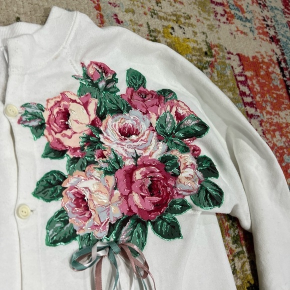 Vintage 1980s Floral Flower Button Up Grandma Ugly Sweater Sweatshirt - Picture 5 of 6